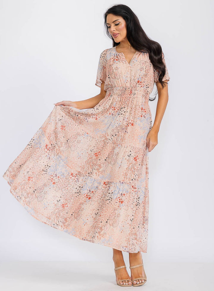 WOMEN'S SHORT SLEEVE V-NECK ELASTIC WAIST FRONT POCKETS FLORAL MAXI DRESS