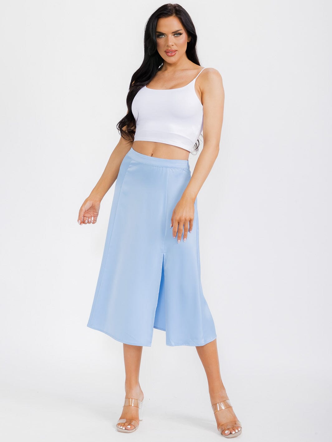 WOMEN'S ZIP UP SIDE SLIT SATIN MIDI SKIRT