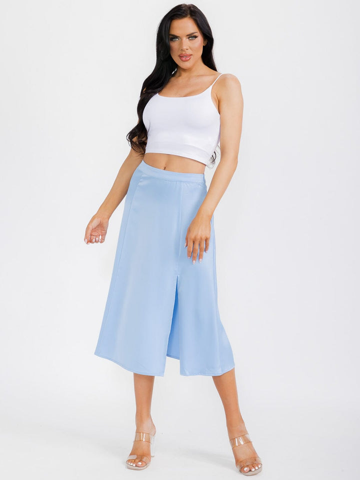 WOMEN'S ZIP UP SIDE SLIT SATIN MIDI SKIRT