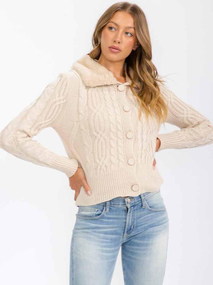 WOMEN'S LONG SLEEVE BUTTON CLOSURE CABLE KNIT SHERPA DETAILED SWEATER