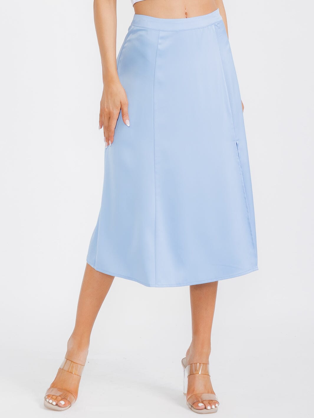 WOMEN'S ZIP UP SIDE SLIT SATIN MIDI SKIRT