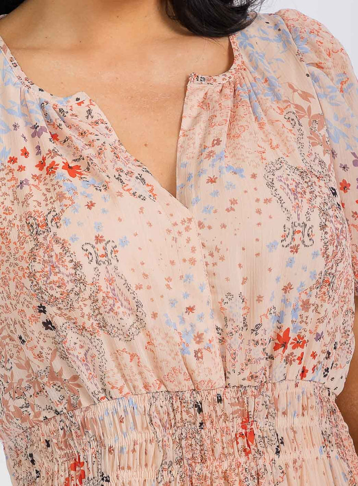 WOMEN'S SHORT SLEEVE V-NECK ELASTIC WAIST FRONT POCKETS FLORAL MAXI DRESS
