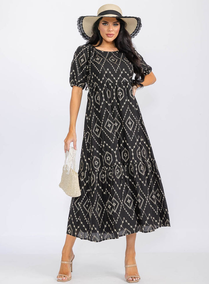 WOMEN'S SHORT SLEEVE EYELET EMBROIDERY MAXI DRESS