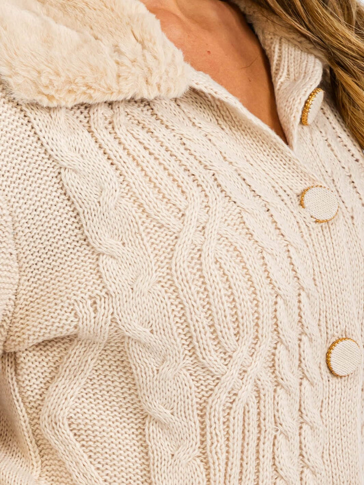 WOMEN'S LONG SLEEVE BUTTON CLOSURE CABLE KNIT SHERPA DETAILED SWEATER