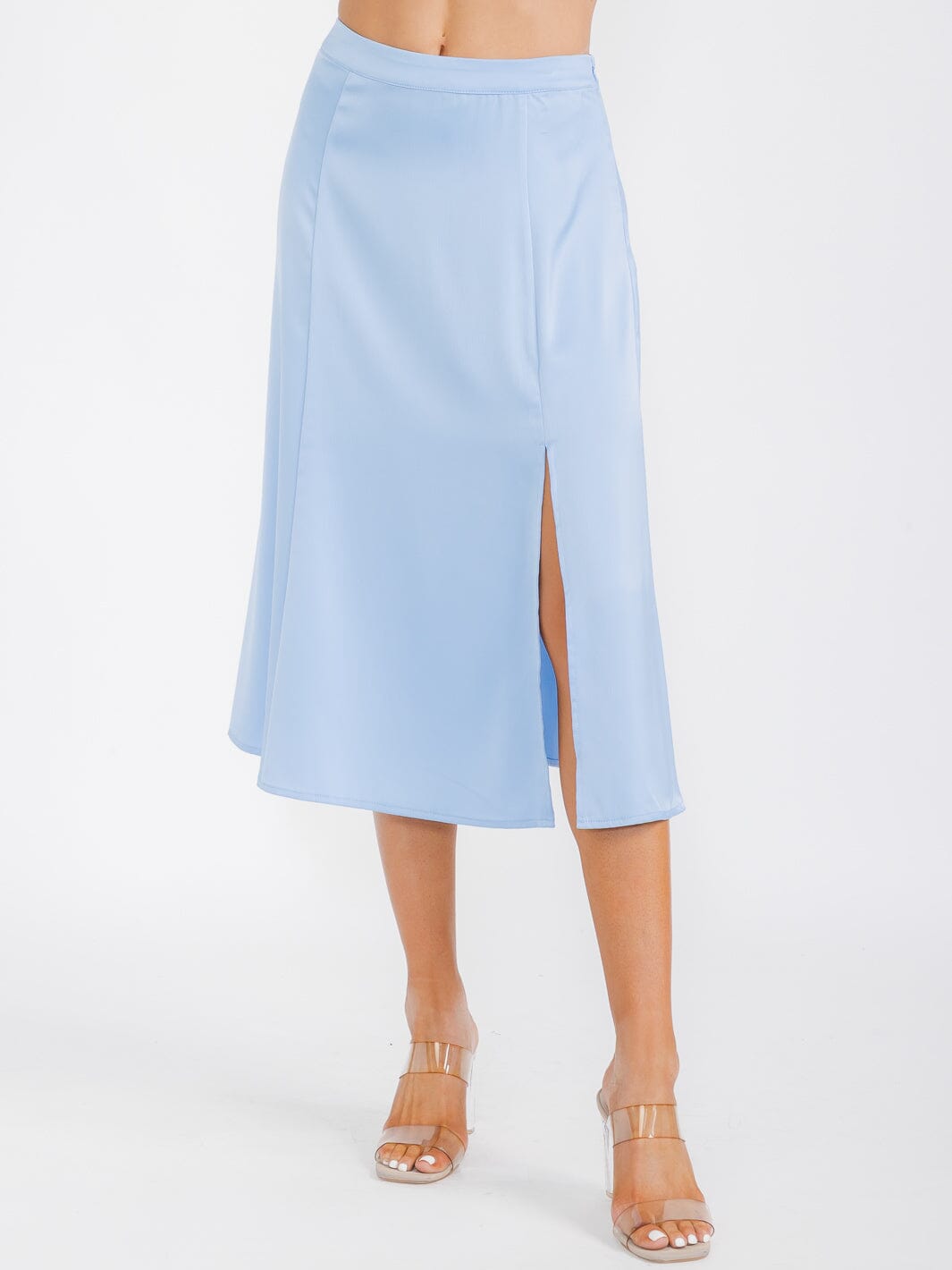 WOMEN'S ZIP UP SIDE SLIT SATIN MIDI SKIRT