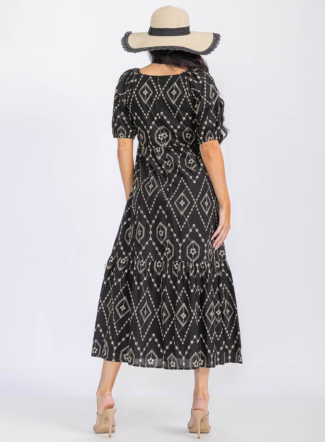 WOMEN'S SHORT SLEEVE EYELET EMBROIDERY MAXI DRESS