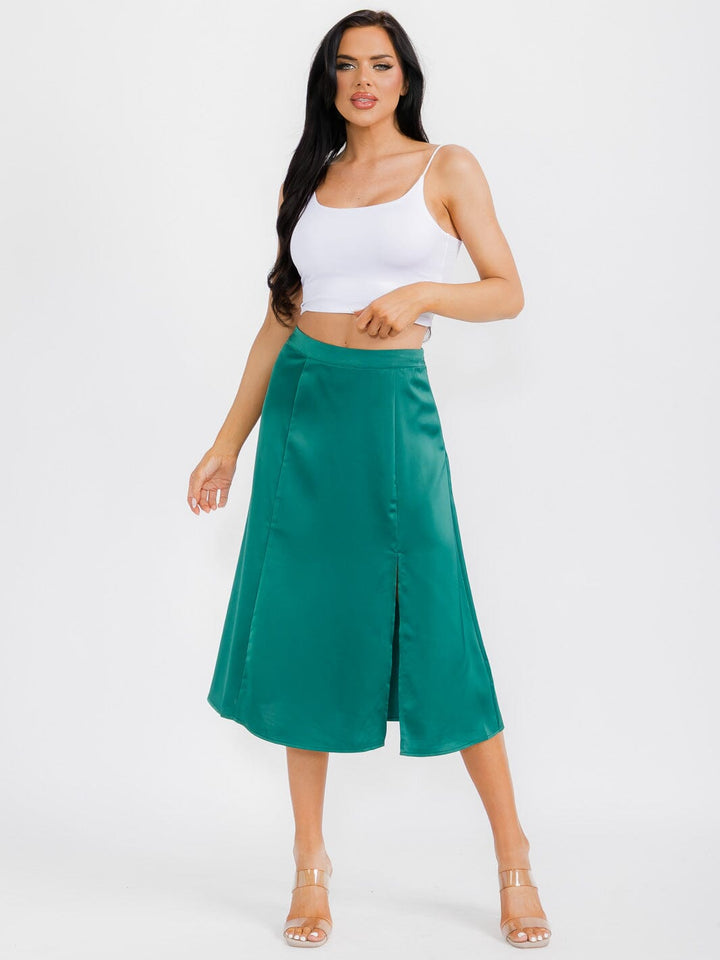 WOMEN'S ZIP UP SIDE SLIT SATIN MIDI SKIRT