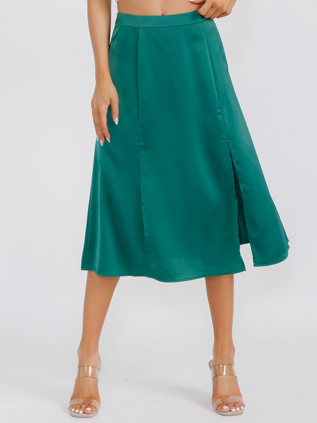 WOMEN'S ZIP UP SIDE SLIT SATIN MIDI SKIRT