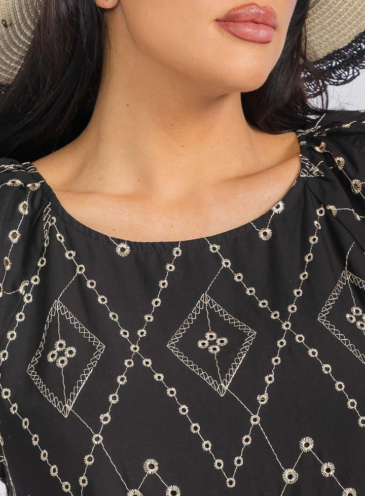 WOMEN'S 3/4 SLEEVE SQUARE NECK EMBROIDERY FLORAL TUNIC MIDI DRESS (Copy)