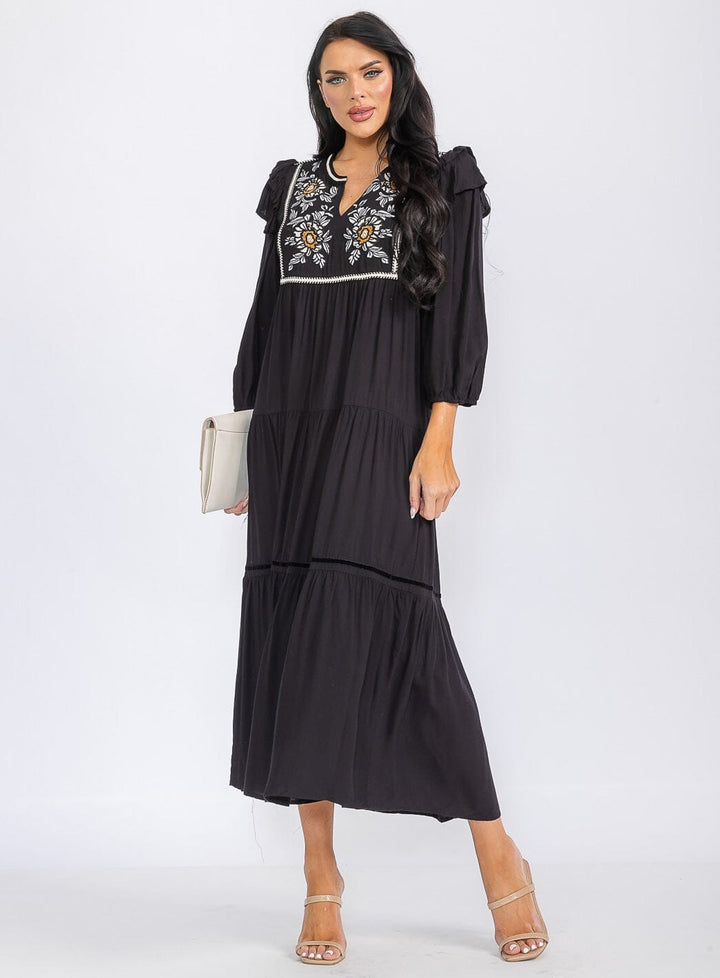 WOMEN'S LONG SLEEVE V-NECK TIERED EMBROIDERY MAXI DRESS