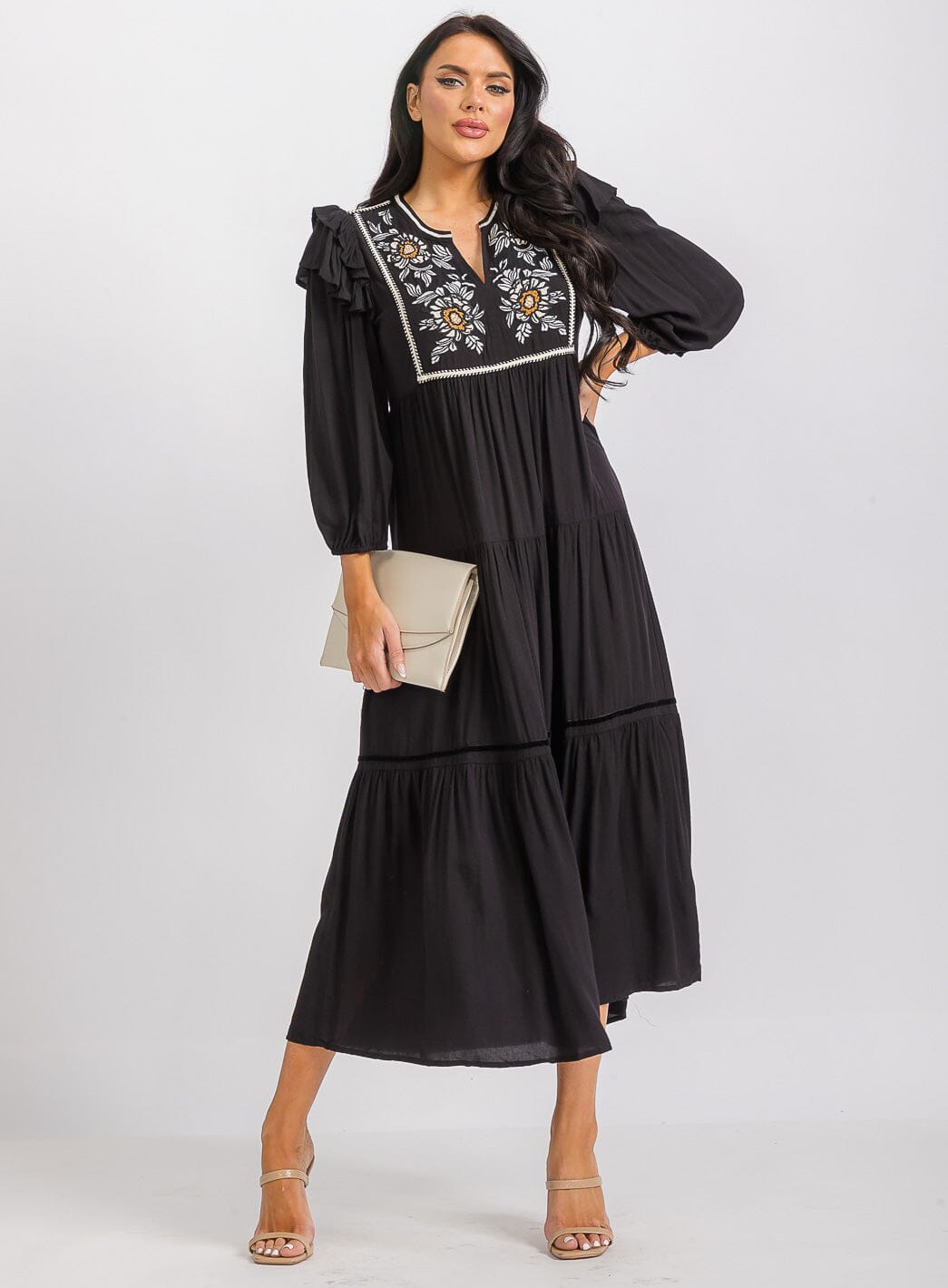 WOMEN'S LONG SLEEVE V-NECK TIERED EMBROIDERY MAXI DRESS