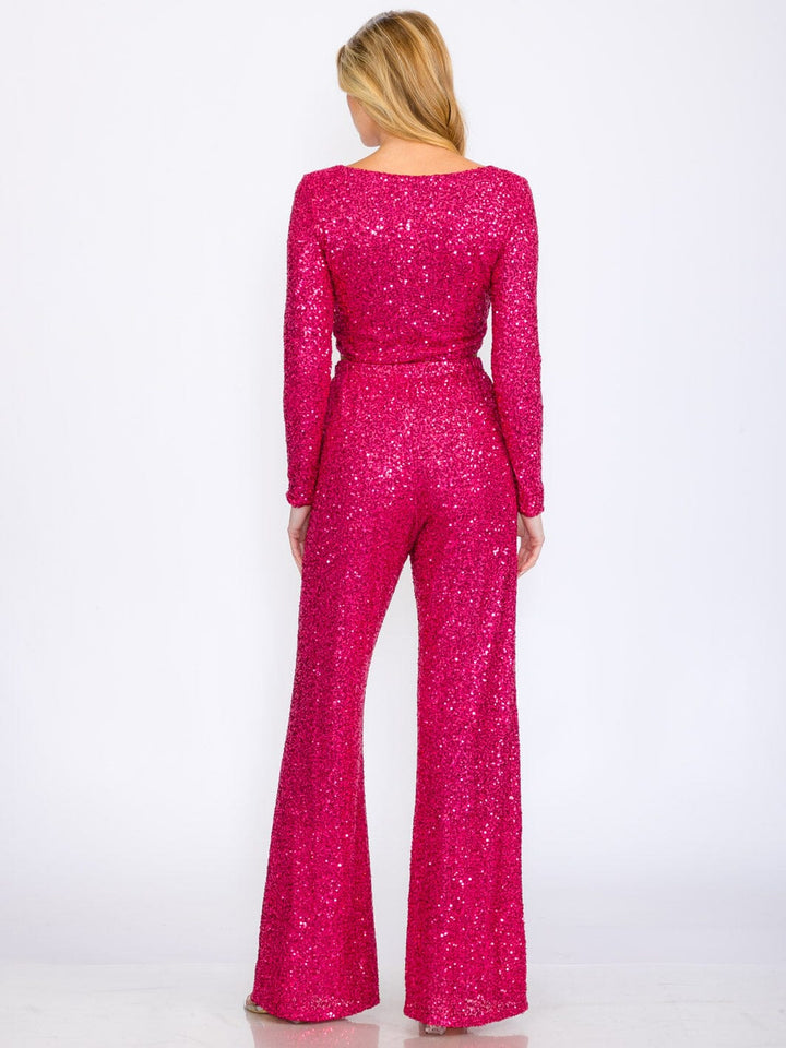 WOMEN'S LONG SLEEVE CROP TOP & ELASTIC WAIST PANTS SEQUINS 2PC. SET
