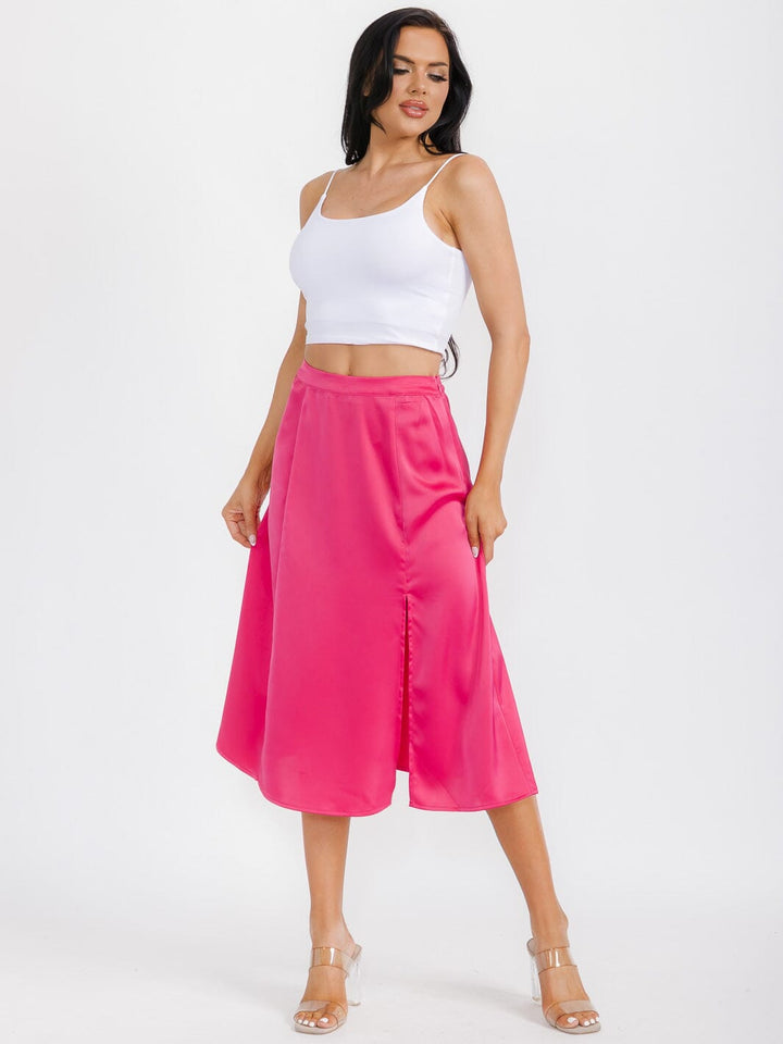 WOMEN'S ZIP UP SIDE SLIT SATIN MIDI SKIRT