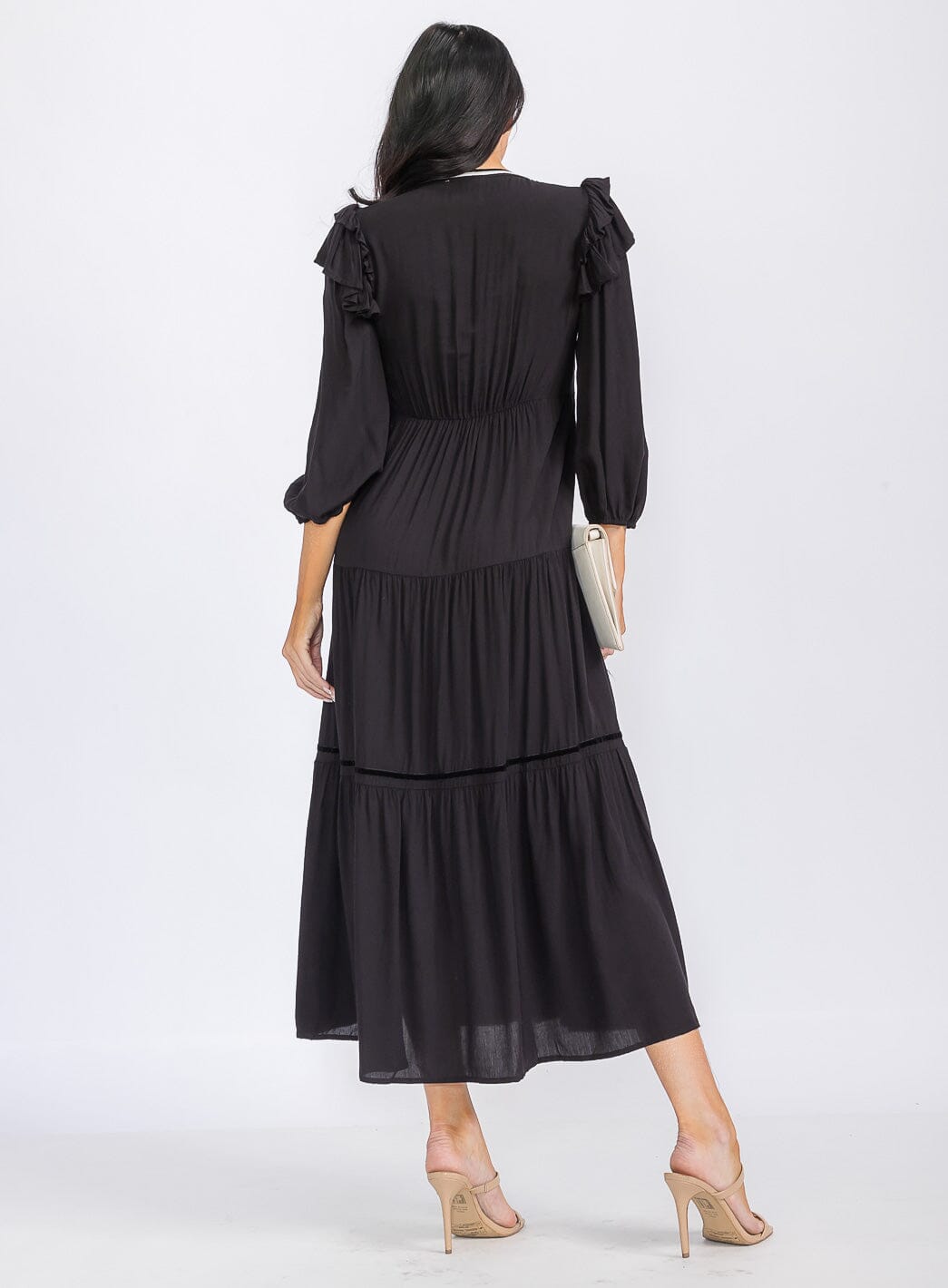 WOMEN'S LONG SLEEVE V-NECK TIERED EMBROIDERY MAXI DRESS