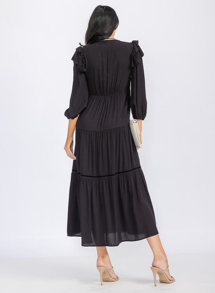 WOMEN'S LONG SLEEVE V-NECK TIERED EMBROIDERY MAXI DRESS