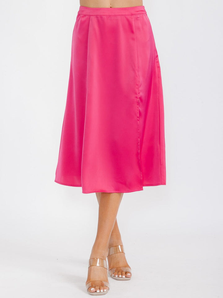 WOMEN'S ZIP UP SIDE SLIT SATIN MIDI SKIRT