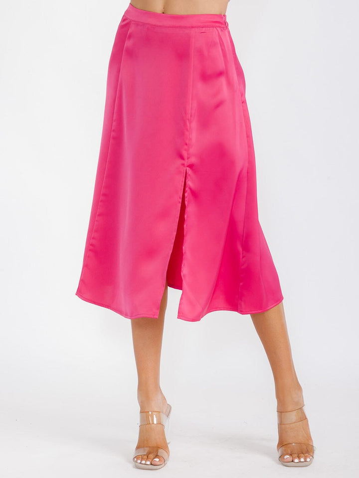 WOMEN'S ZIP UP SIDE SLIT SATIN MIDI SKIRT