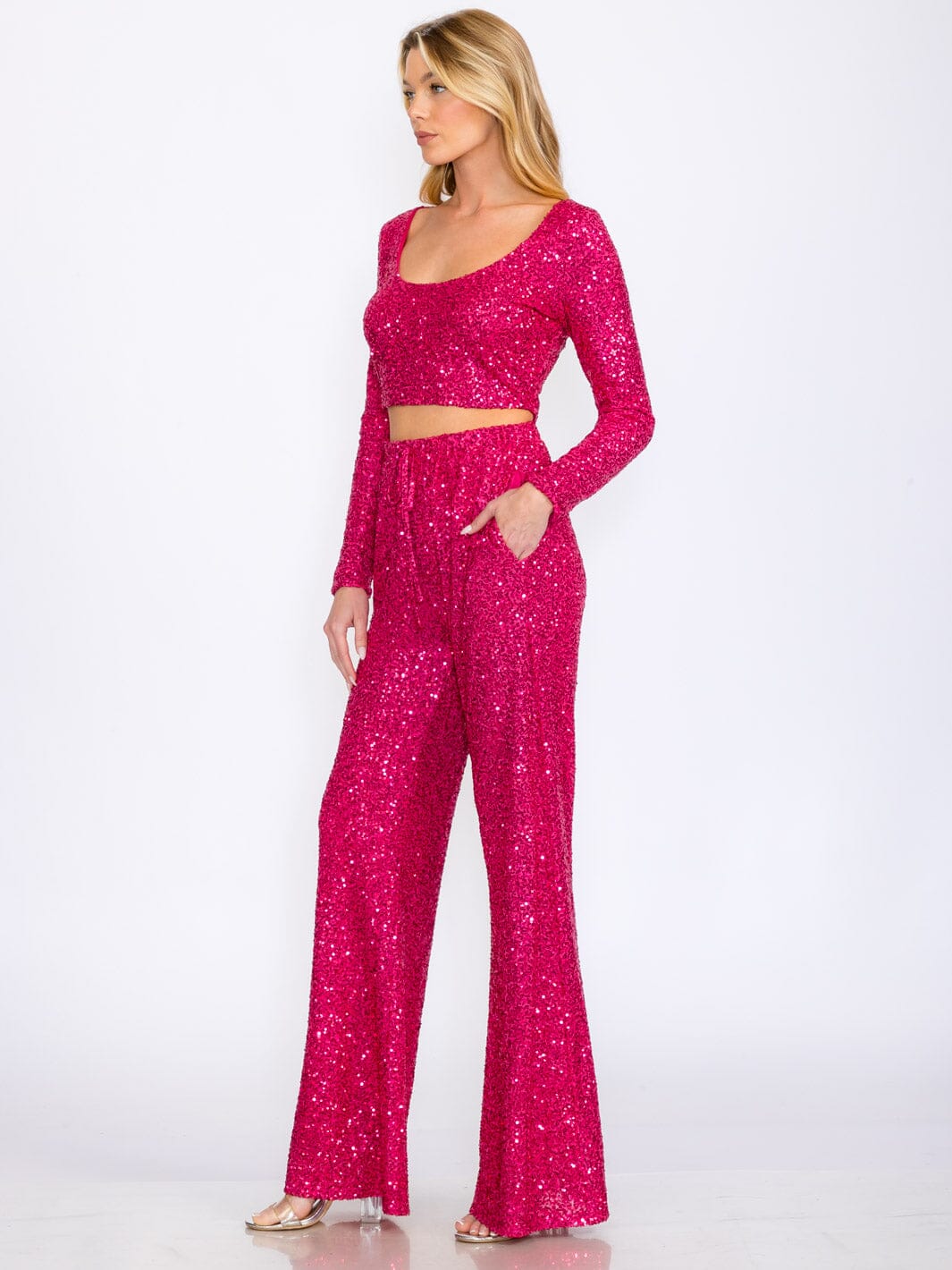 WOMEN'S LONG SLEEVE CROP TOP & ELASTIC WAIST PANTS SEQUINS 2PC. SET