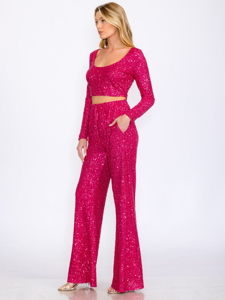 WOMEN'S LONG SLEEVE CROP TOP & ELASTIC WAIST PANTS SEQUINS 2PC. SET