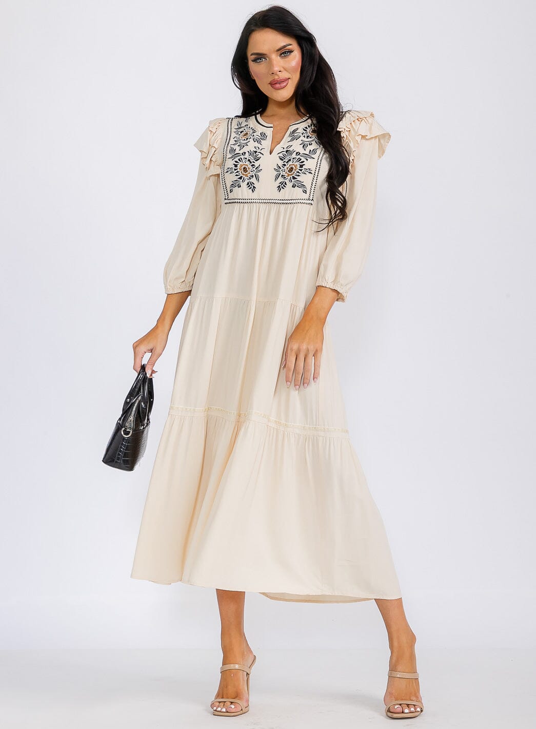 WOMEN'S LONG SLEEVE V-NECK TIERED EMBROIDERY MAXI DRESS