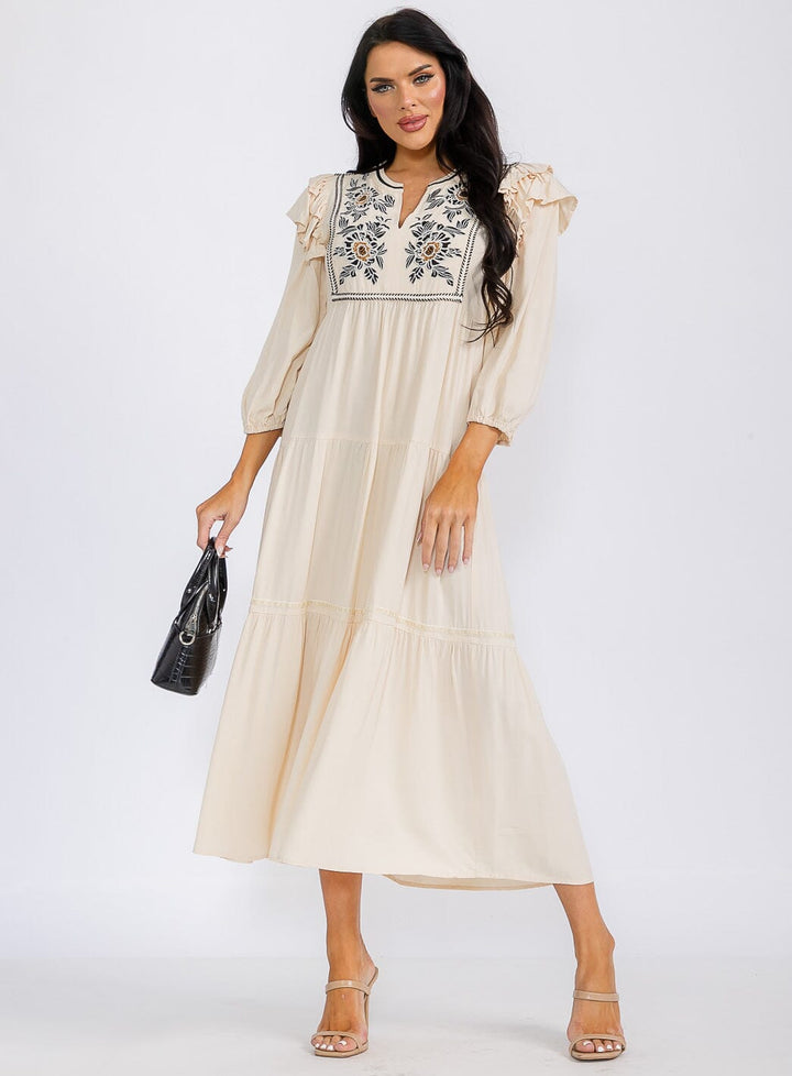 WOMEN'S LONG SLEEVE V-NECK TIERED EMBROIDERY MAXI DRESS