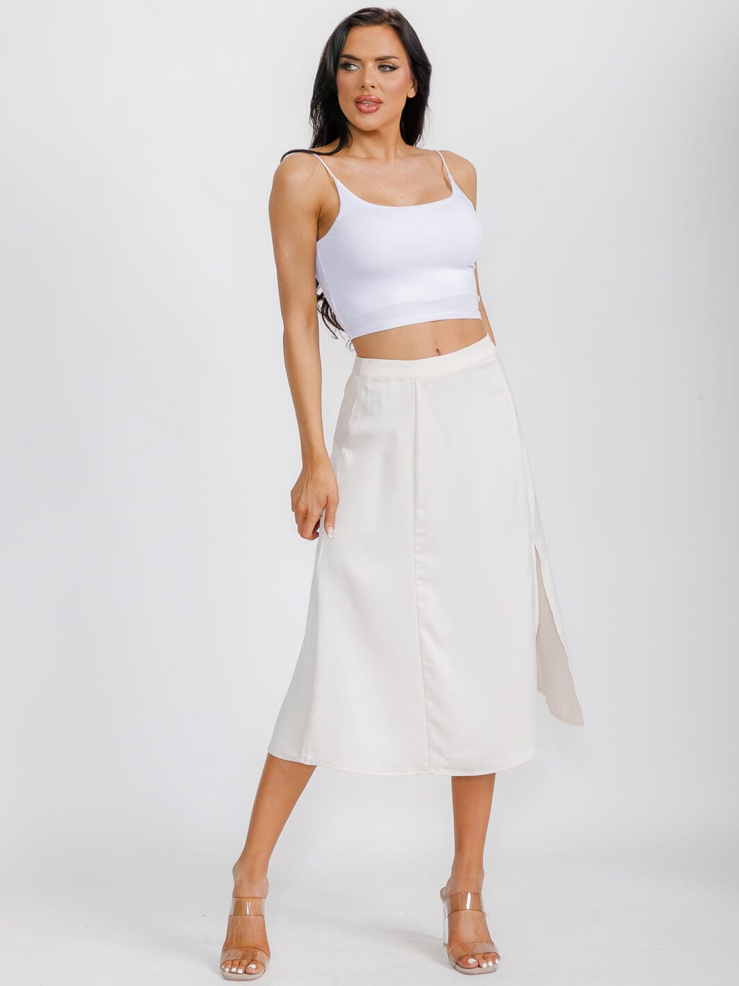 WOMEN'S ZIP UP SIDE SLIT SATIN MIDI SKIRT
