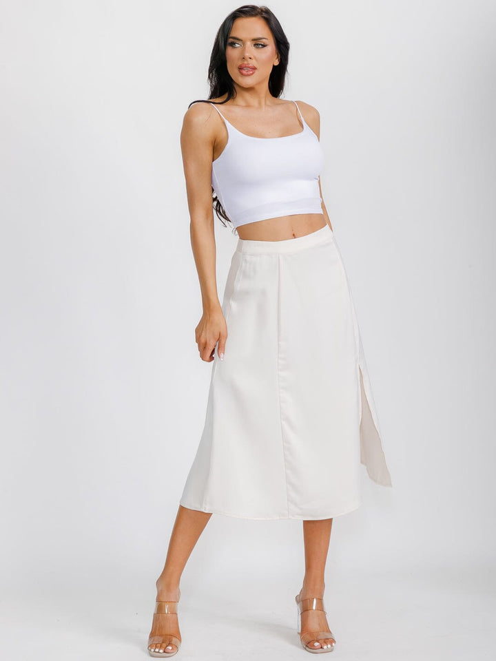 WOMEN'S ZIP UP SIDE SLIT SATIN MIDI SKIRT