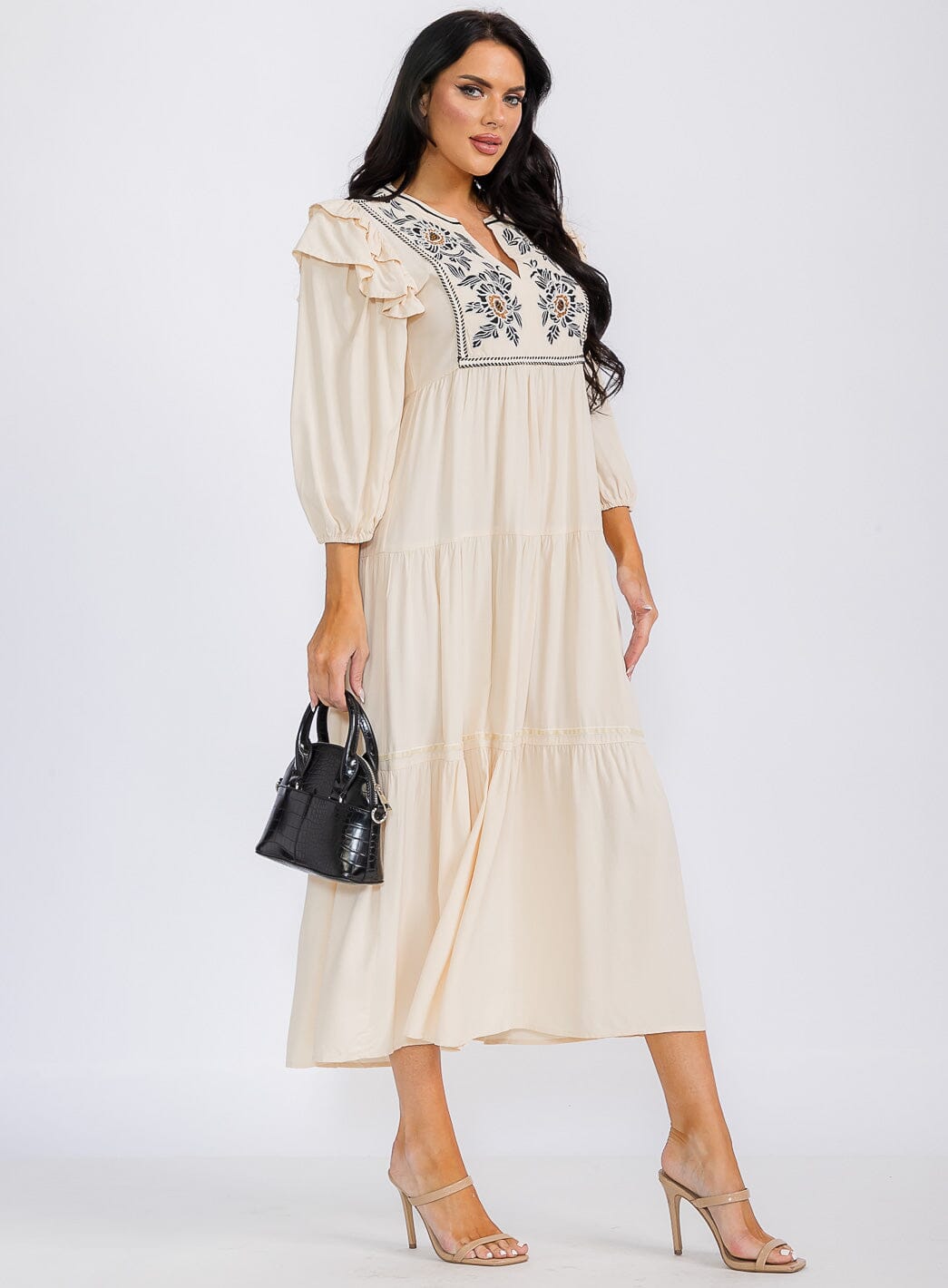 WOMEN'S LONG SLEEVE V-NECK TIERED EMBROIDERY MAXI DRESS
