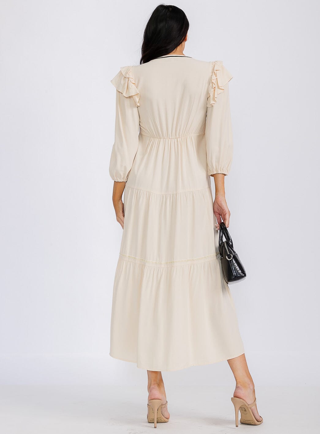 WOMEN'S LONG SLEEVE V-NECK TIERED EMBROIDERY MAXI DRESS