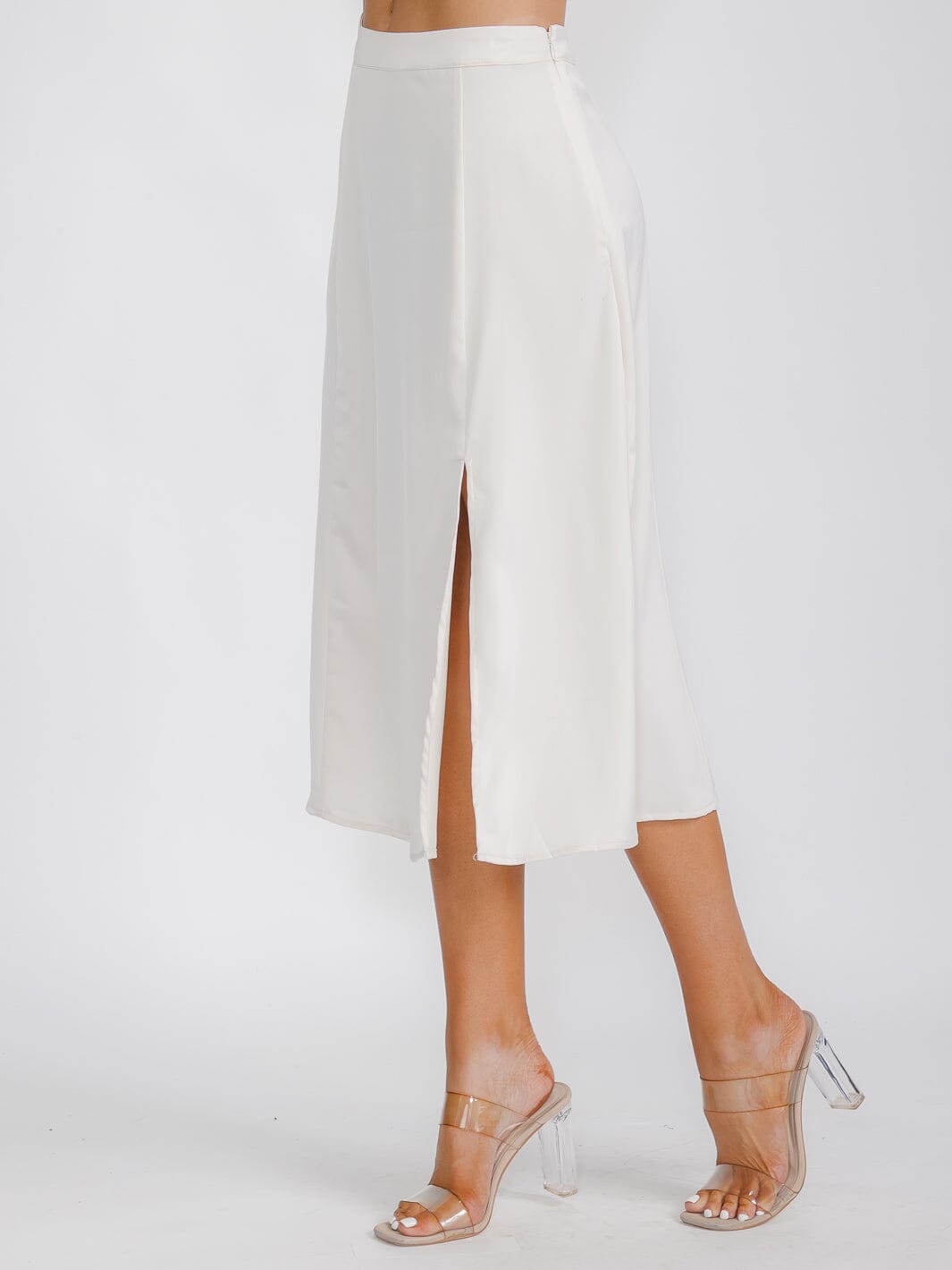 WOMEN'S ZIP UP SIDE SLIT SATIN MIDI SKIRT