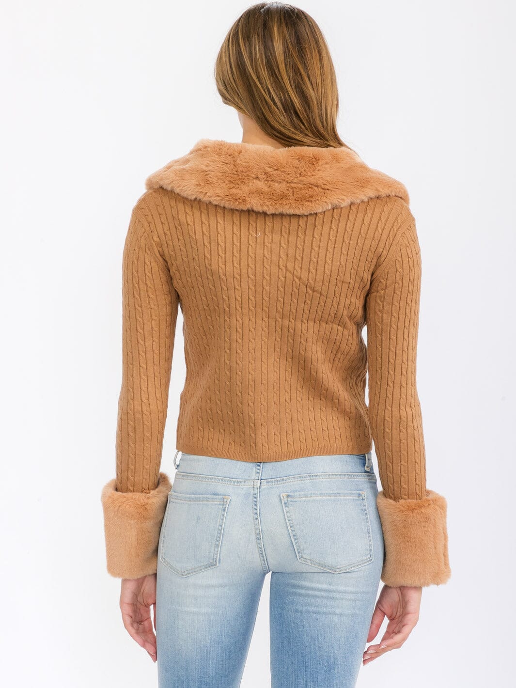 WOMEN'S LONG SLEEVE ZIP UP CANLE KNIT SHERPA DETAILED SWEATER
