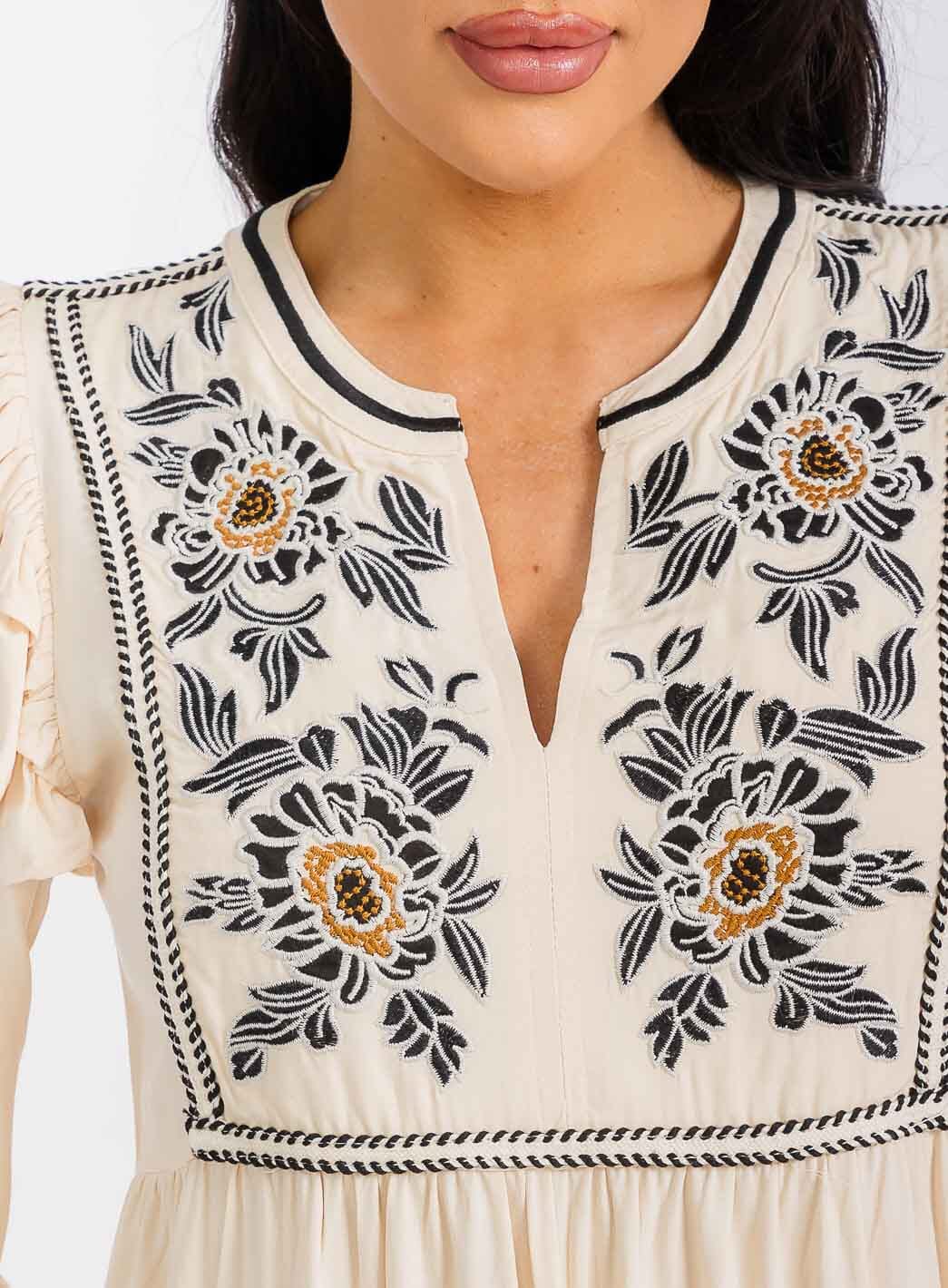 WOMEN'S LONG SLEEVE V-NECK TIERED EMBROIDERY MAXI DRESS