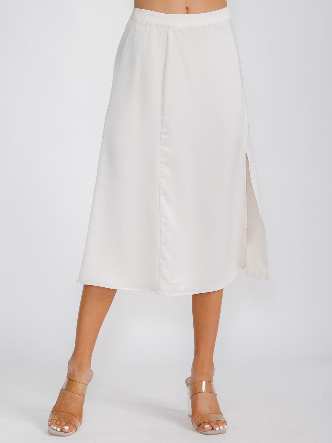 WOMEN'S ZIP UP SIDE SLIT SATIN MIDI SKIRT