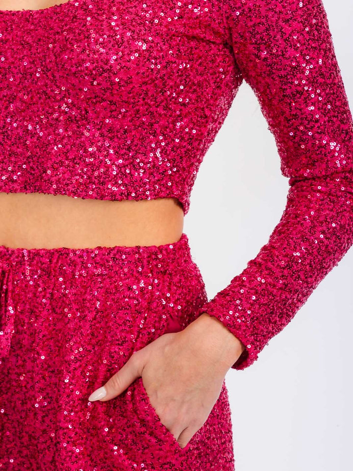 WOMEN'S LONG SLEEVE CROP TOP & ELASTIC WAIST PANTS SEQUINS 2PC. SET