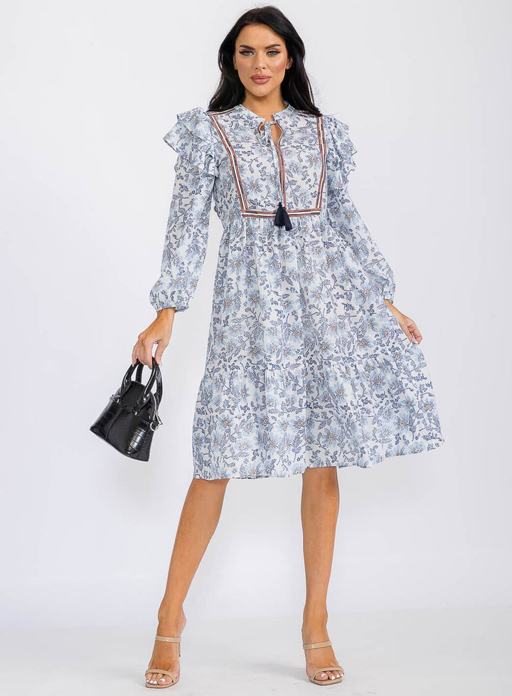 WOMEN'S LONG SLEEVE V-NECK FLORAL MIDI DRESS