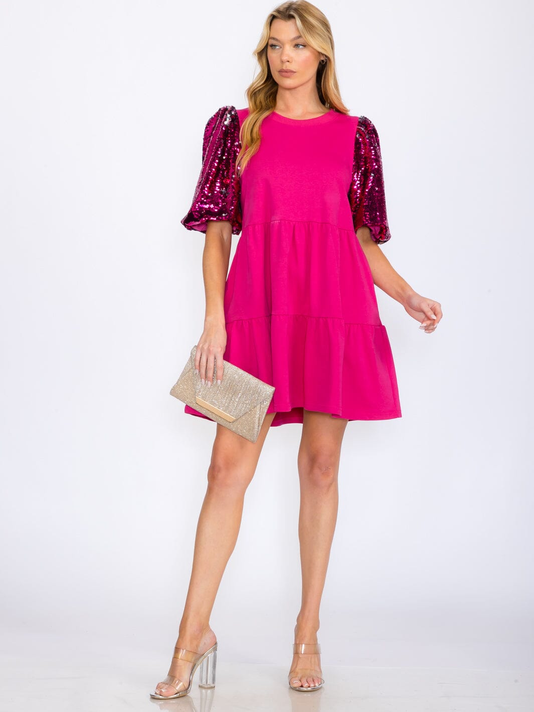 WOMEN'S SHORT SEQUINS SLEEVES TIERED POCKETS TUNIC MINI DRESS