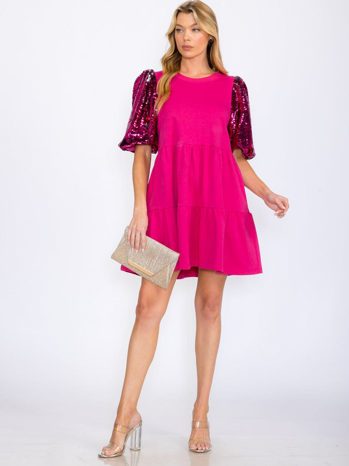 WOMEN'S SHORT SEQUINS SLEEVES TIERED POCKETS TUNIC MINI DRESS