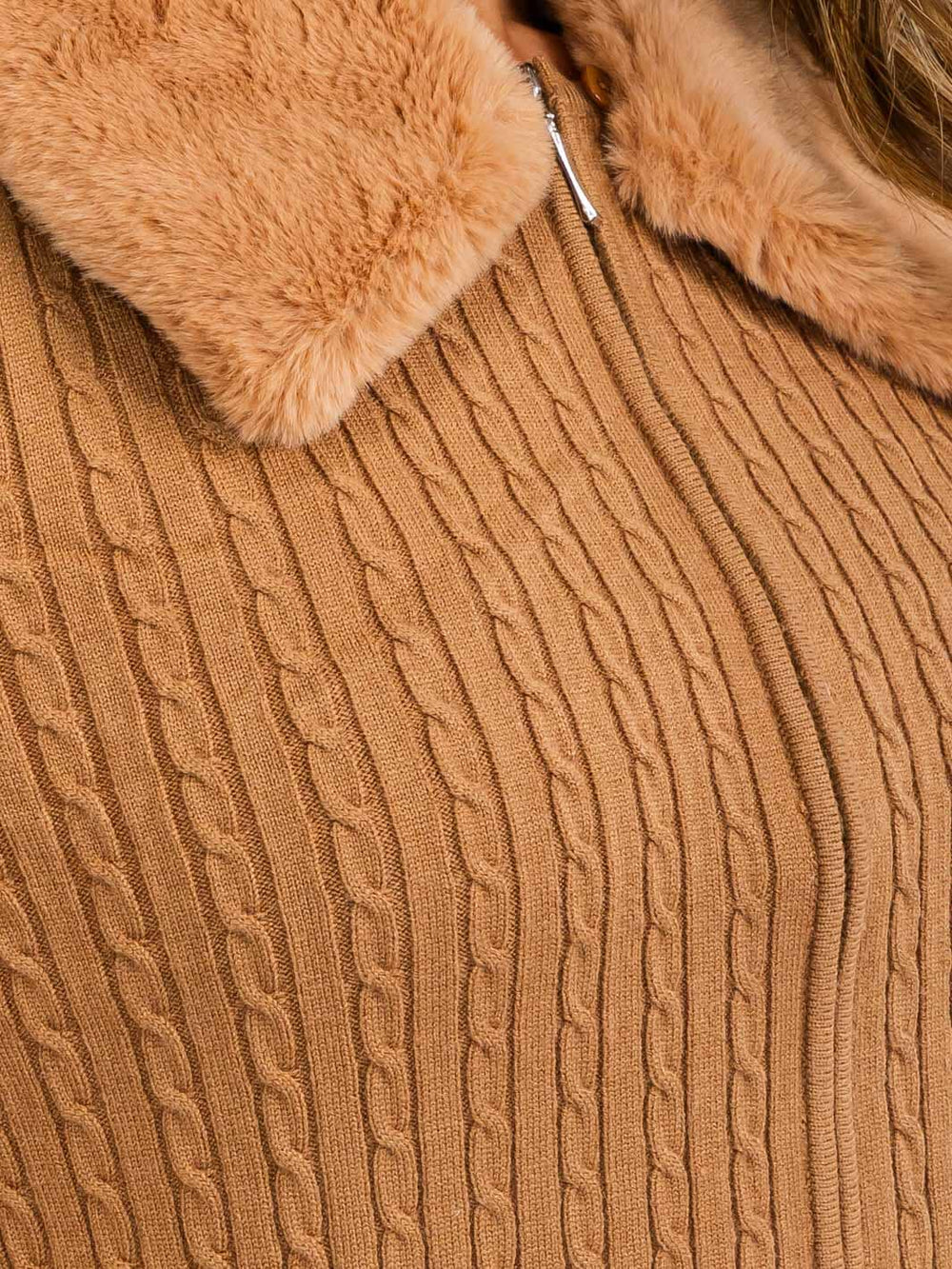 WOMEN'S LONG SLEEVE ZIP UP CANLE KNIT SHERPA DETAILED SWEATER