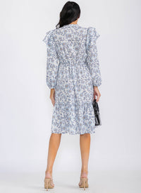 WOMEN'S LONG SLEEVE V-NECK FLORAL MIDI DRESS