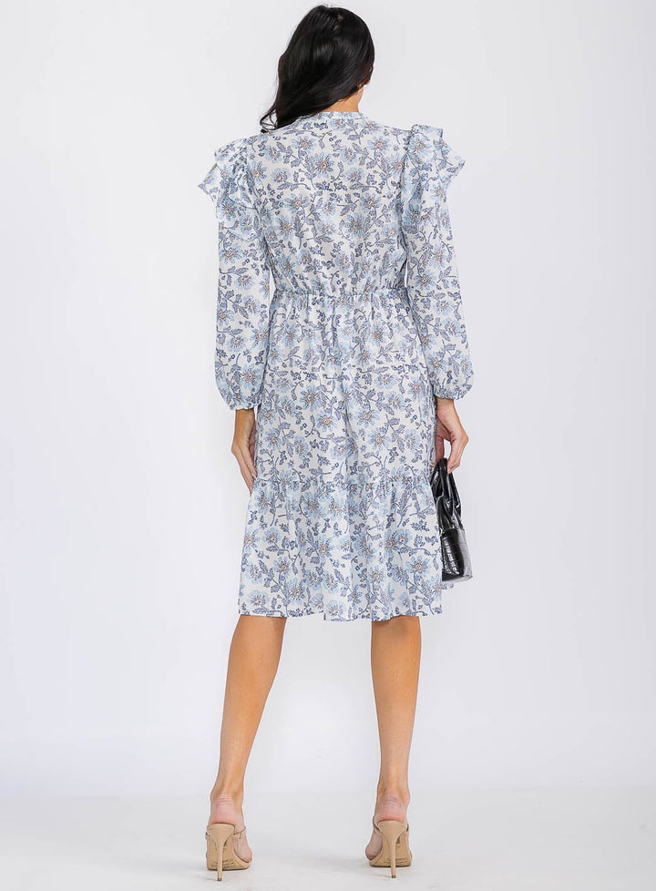 WOMEN'S LONG SLEEVE V-NECK FLORAL MIDI DRESS