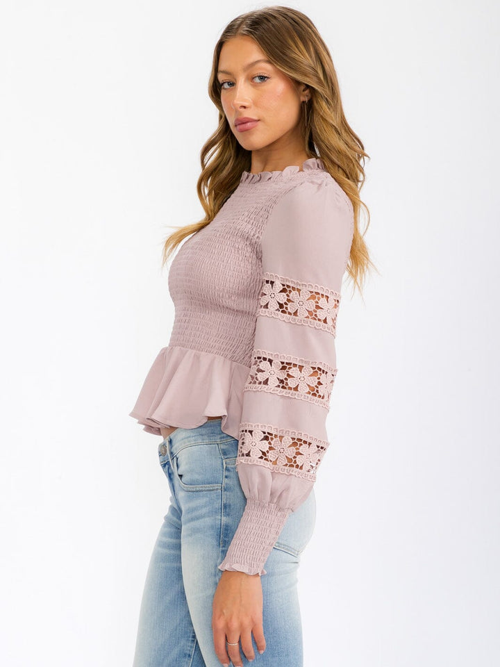 WOMEN'S LONG SLEEVE SMOCK DETAILED PEPLUM BLOUSE TOP