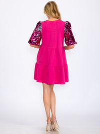 WOMEN'S SHORT SEQUINS SLEEVES TIERED POCKETS TUNIC MINI DRESS