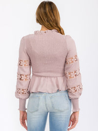 WOMEN'S LONG SLEEVE SMOCK DETAILED PEPLUM BLOUSE TOP