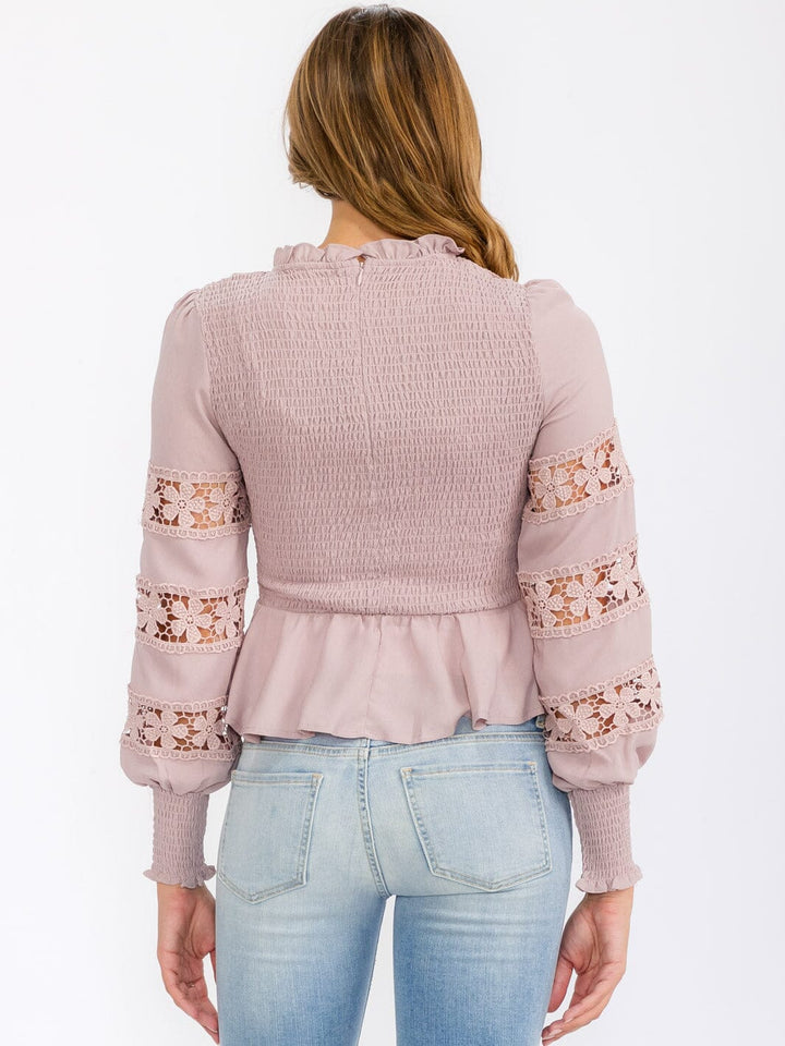 WOMEN'S LONG SLEEVE SMOCK DETAILED PEPLUM BLOUSE TOP