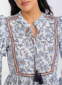 WOMEN'S LONG SLEEVE V-NECK FLORAL MIDI DRESS