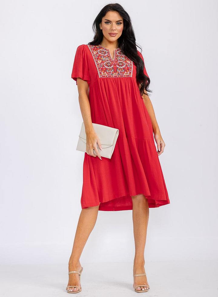WOMEN'S SHORT SLEEVE V-NECK EMBROIDERY FLORAL TUNIC MIDI DRESS