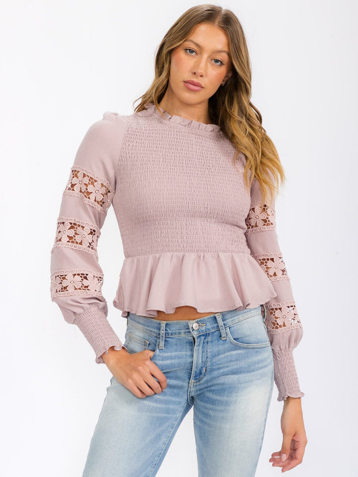 WOMEN'S LONG SLEEVE SMOCK DETAILED PEPLUM BLOUSE TOP