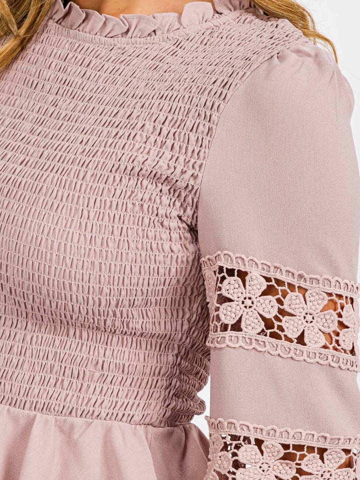 WOMEN'S LONG SLEEVE SMOCK DETAILED PEPLUM BLOUSE TOP