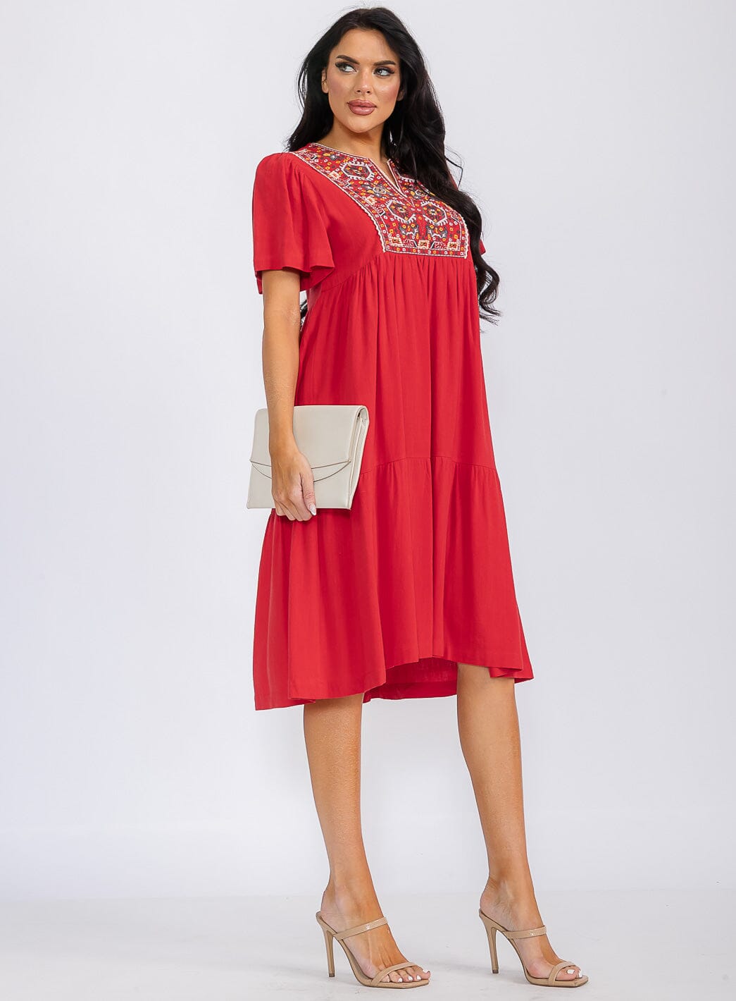 WOMEN'S SHORT SLEEVE V-NECK EMBROIDERY FLORAL TUNIC MIDI DRESS