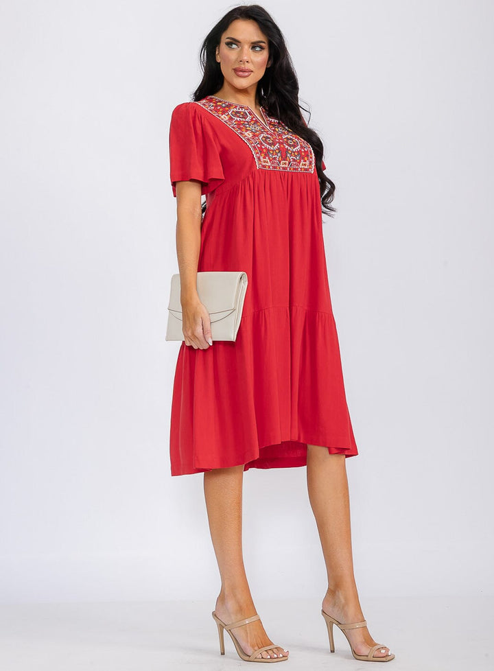 WOMEN'S SHORT SLEEVE V-NECK EMBROIDERY FLORAL TUNIC MIDI DRESS